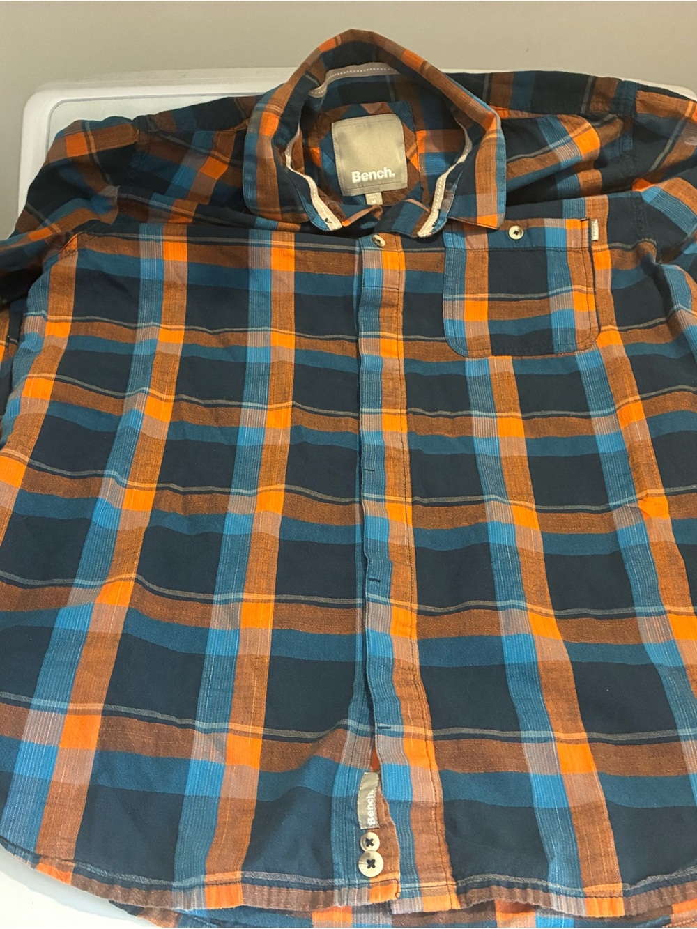 Men’s Bench. Plaid Button-Up Shirt – Blue Brown Orange – Size M – Y2K